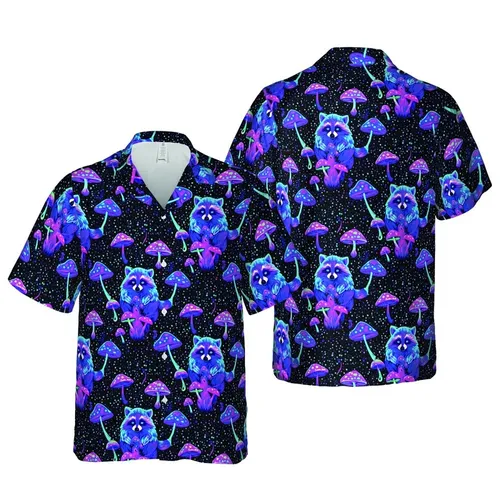 Neon Purple Blue Pink Iridescent Raccoon Psychedelic Mushroom Cosmic Star Seamless Tile Short-sleeve Hawaiian Shirt