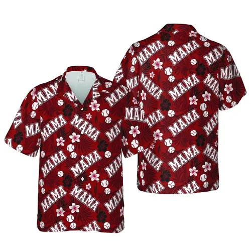 Mama Baseball Stitch Crimson Hawaiian Seamless Fabric Pattern with Mini Baseballs Short-sleeve Hawaiian Shirt