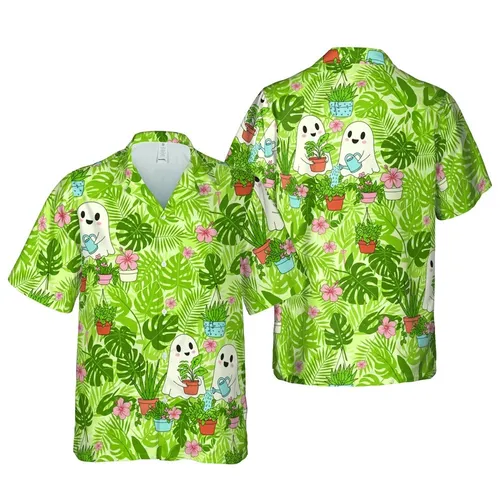Plant Parent Hawaiian Ghosts: Potted Houseplant & Tropical Foliage Textile Design Short-sleeve Hawaiian Shirt