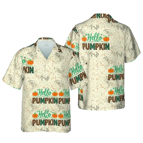 "Hello PUMPKIN" Teal Orange Script Distressed Block Leopard Print Tropical Hawaiian Design Short-sleeve Hawaiian Shirt
