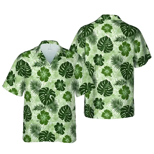 Seamless Hawaiian Monstera Hibiscus Palm Frond Fern Intricate Botanical Pattern Short-sleeve Hawaiian Shirt