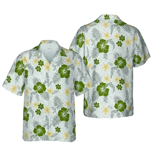 Olive Green Hibiscus Palm Beige Plumeria Fern Water Flow Seamless Edge-to-Edge Pattern Short-sleeve Hawaiian Shirt