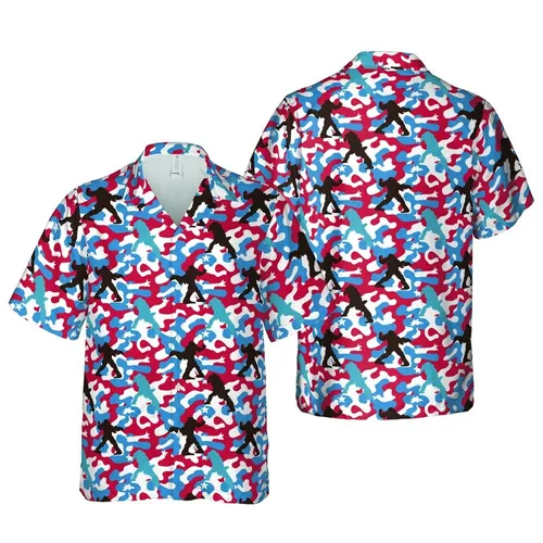 Bigfoot Sasquatch Poses Dark Brown Light Blue Gray Hawaiian Red Blue Camo Stars Short-sleeve Hawaiian Shirt