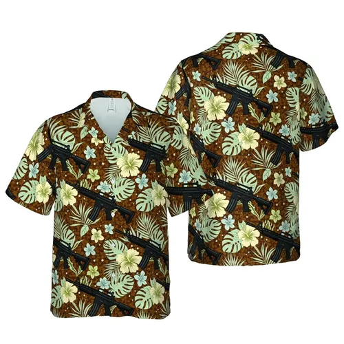 Modern Carbine Tropical Hawaiian: Black Rifles, Cream Hibiscus, Caramel Mosaic Short-sleeve Hawaiian Shirt