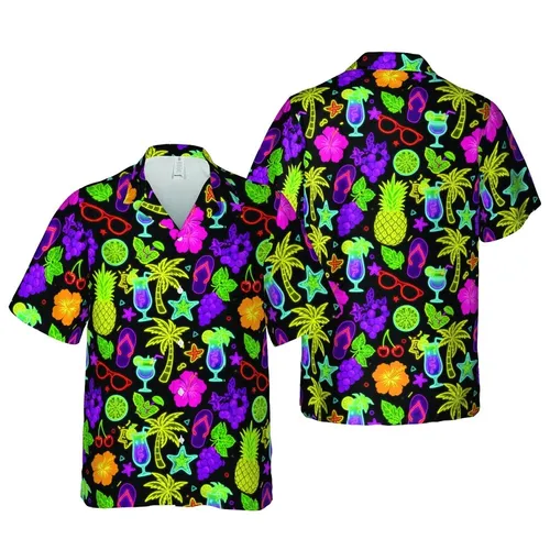 Glowing Neon Outline Pineapple Cocktail Hibiscus Starfish Flip-Flop Black Textile Print Short-sleeve Hawaiian Shirt
