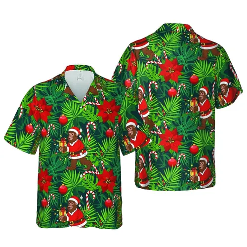 Bigfoot Santa Christmas Poinsettia Candy Cane Tropical Foliage Design Short-sleeve Hawaiian Shirt