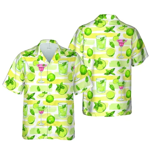 Margarita & Martini Cocktail Pattern: Lime Mint Tropical Watercolor Stripe Textile Print Short-sleeve Hawaiian Shirt