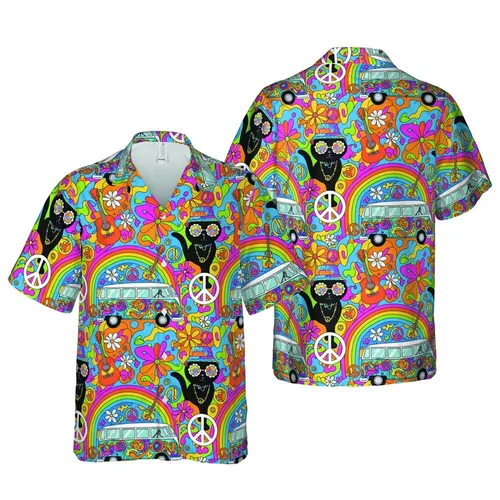 Black Cat Tie-Dye Hat Retro Bus Peace Symbol Rainbow Psychedelic Intricate Mosaic Short-sleeve Hawaiian Shirt