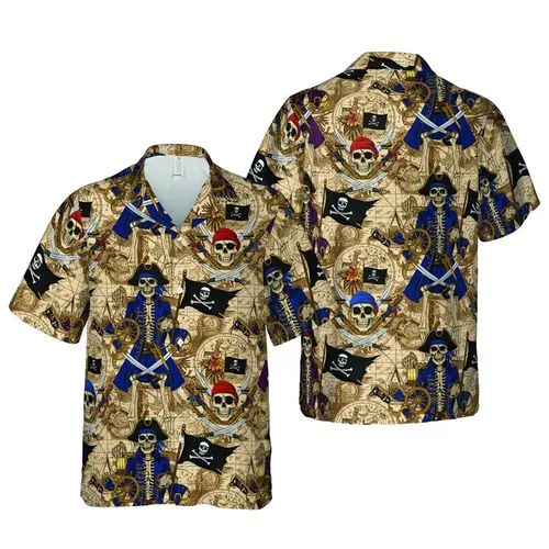 Pirate Skeletons Hawaiian Nautical Map: Captain, Jolly Roger, Daggers, Antique Chart Art Short-sleeve Hawaiian Shirt