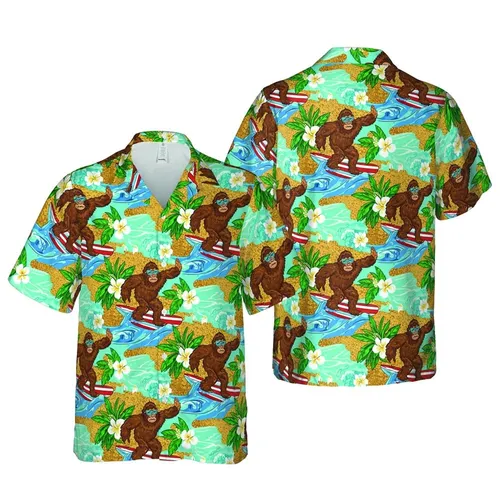 Surfing Bigfoot Seamless Pattern: Hawaiian Ocean Waves, Palm Trees, Sandy Beach Print Short-sleeve Hawaiian Shirt
