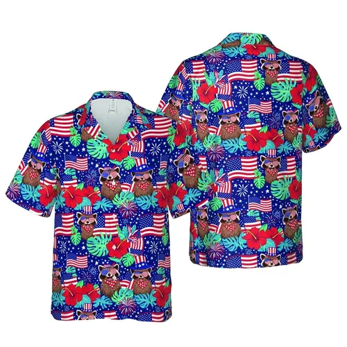 Patriotic Raccoon Uncle Sam Hat Waving Flag Hibiscus Tropical Foliage Design Short-sleeve Hawaiian Shirt
