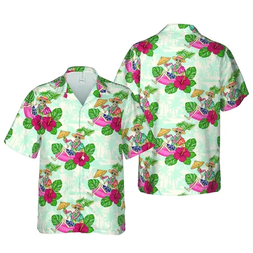 Hawaiian Skeleton Pool Float Pattern Tropical Island Flamingo Hibiscus Palm Design Short-sleeve Hawaiian Shirt