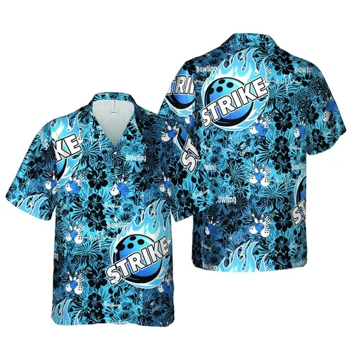 Bowler's STRIKE Bowling Ball Flames: Pins, Heartbeat Graphic, Black Electric Blue Gradient Short-sleeve Hawaiian Shirt