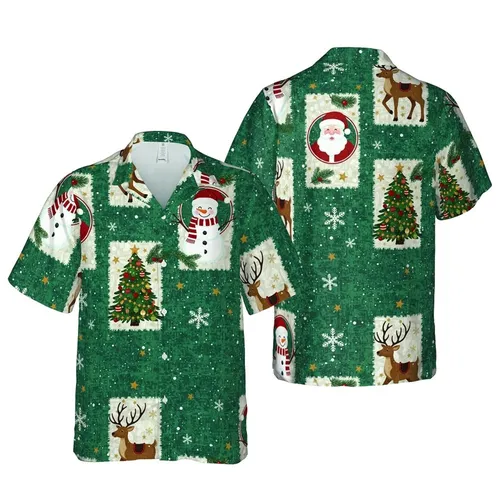Snowman Santa Reindeer Christmas Tree Hawaiian Pattern - Teal Distressed Winter Motif Short-sleeve Hawaiian Shirt