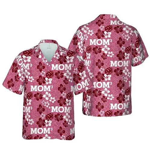 Mother's MOM³ Block Letter Hawaiian Rose Red Heathered Textile Pattern Short-sleeve Hawaiian Shirt