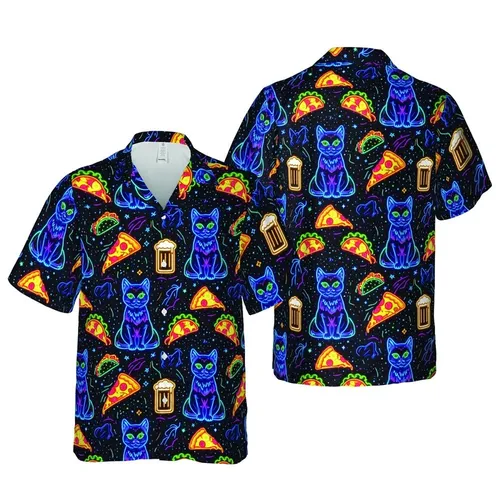Cosmic Cat Neon Hawaiian Pattern: Glowing Pizza, Tacos, Burritos & Beer Mugs Short-sleeve Hawaiian Shirt