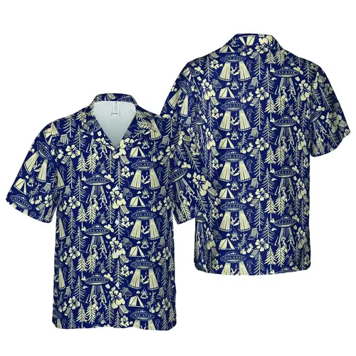 Seamless UFO Abduction Grey Alien Figures Pine Tree Camping Scene Hawaiian Print Short-sleeve Hawaiian Shirt