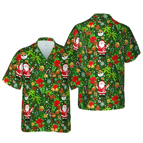 Santa Snowman Reindeer Presents Tropical Pattern Poinsettia Holly Golden Bells Candy Cane Short-sleeve Hawaiian Shirt