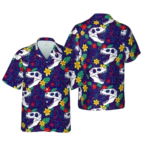White T-Rex Skull Hawaiian Pattern, Indigo Red Teal Dot Floral Botanical Design Short-sleeve Hawaiian Shirt