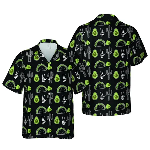 Black Off-White Hawaiian Desert Foodie Cacti Taco Avocado Skeleton Peace Pattern Short-sleeve Hawaiian Shirt
