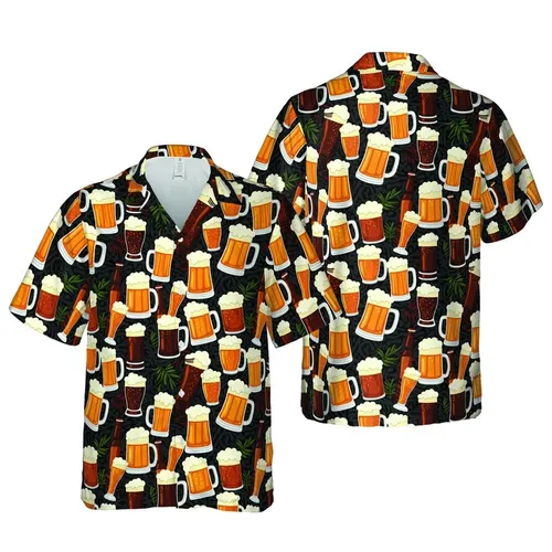 Brew Lover Golden Amber Stout Pint Glass Tropical Mosaic Dark Outline Textile Pattern Short-sleeve Hawaiian Shirt