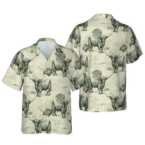 Highland Cow Hawaiian Botanical Pattern: Realistic Shaggy Cattle Sepia Weave Short-sleeve Hawaiian Shirt
