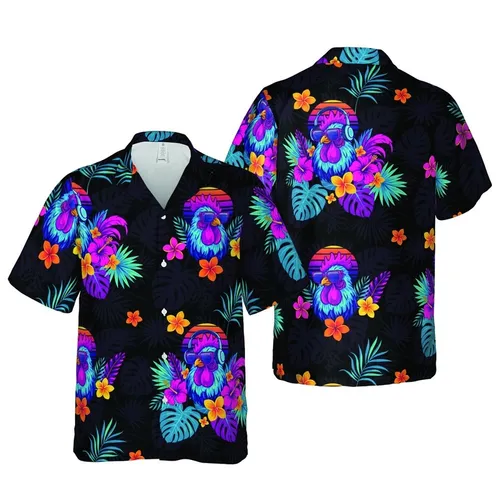 Electric Rooster Heads Synthwave Hawaiian Hot Pink Foliage Edge-to-Edge Black Short-sleeve Hawaiian Shirt