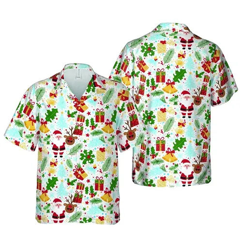Hawaiian Christmas Santa Reindeer Tree Bell Gift Box Holly Berry Seamless Pattern Short-sleeve Hawaiian Shirt