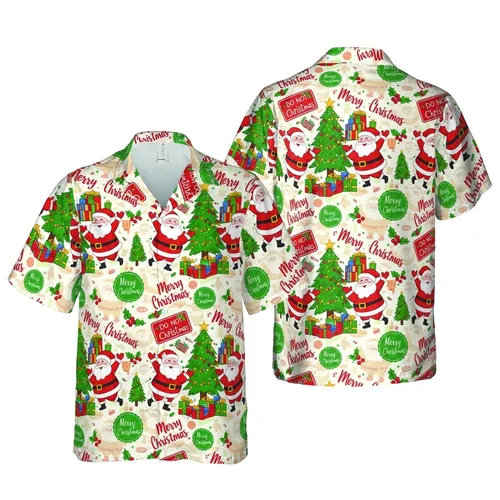 Hawaiian Santa Claus Tree Gifts Holly 'Merry Christmas' 'DO NOT' Sign Pattern Short-sleeve Hawaiian Shirt