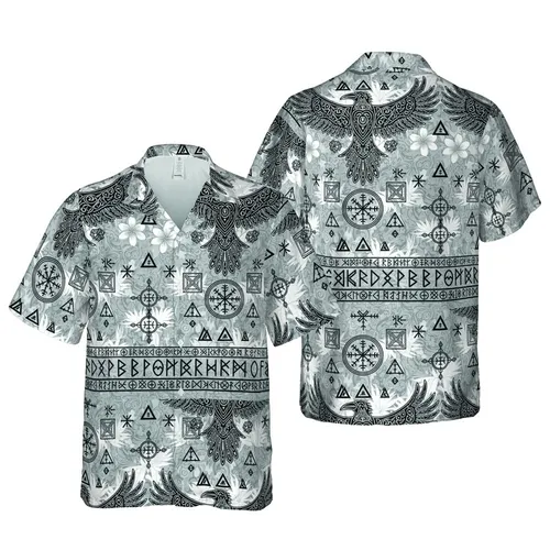 Norse Raven Vegvisir Celtic Knot Hawaiian Runic Pattern - Elder Futhark Motifs Short-sleeve Hawaiian Shirt