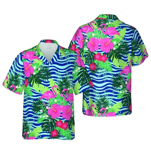 Pink Flamingo, Hibiscus & Red Blossom Pattern | Green Fronds, Navy & Sky Blue Waves Short-sleeve Hawaiian Shirt