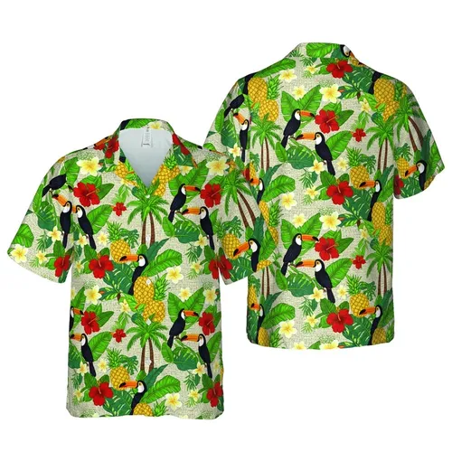 Toucans Pineapples Palm Trees Hawaiian Botanical Red Hibiscus Yellow Plumeria Fabric Design Short-sleeve Hawaiian Shirt
