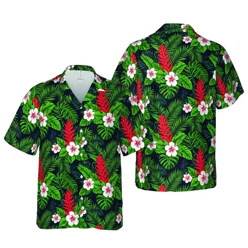 Dense High Contrast Red Ginger White Hibiscus Dark Green Leaf Navy Hawaiian Botanical Tile Short-sleeve Hawaiian Shirt