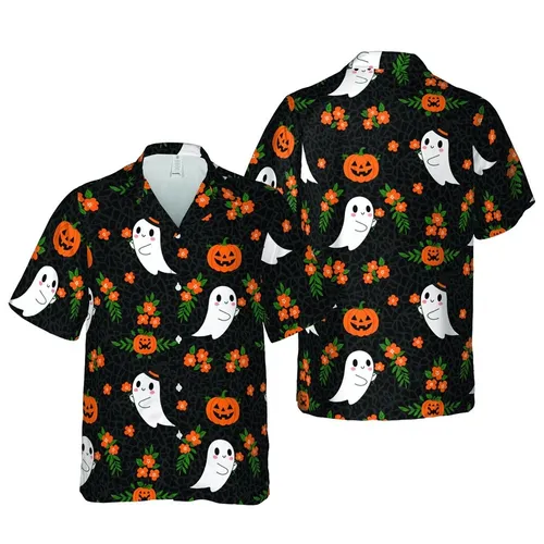 White Ghosts Black Witch Hats Grinning Jack-O'-Lanterns Orange Flowers Leaf Pattern Short-sleeve Hawaiian Shirt