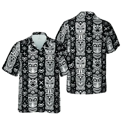 Tribal Tiki Mask Totem Faces: Seamless Black White Jagged Teeth Eye Motif Short-sleeve Hawaiian Shirt