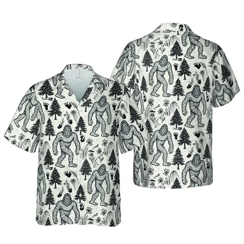 Bigfoot Sasquatch Hawaiian Pattern: Engraved Forest Walk, Pine Trees, Footprints Short-sleeve Hawaiian Shirt