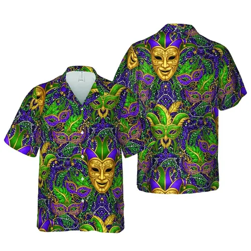 Mardi Gras Jester Masks Golden Ornate, Purple Green Bead Mosaic, Hawaiian Textile Print Short-sleeve Hawaiian Shirt