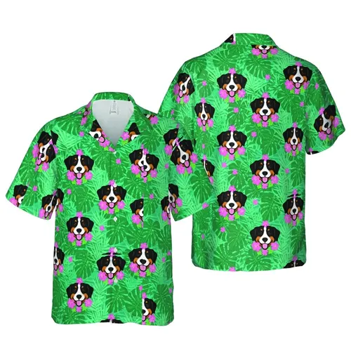 Bernese Mountain Dog Hawaiian Foliage Pink Flower Fabric Design - Teal Green Short-sleeve Hawaiian Shirt