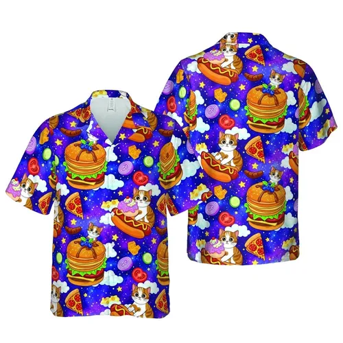 Domestic Cats Hawaiian Pattern: Burger Donut Pancakes Pizza Galaxy Nebula Design Short-sleeve Hawaiian Shirt