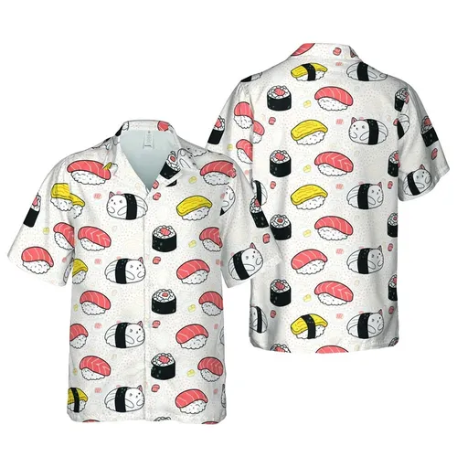 Cat Sushi Nigiri & Maki Pattern: Salmon, Rice, Peach Polka Dots Textile Print Short-sleeve Hawaiian Shirt