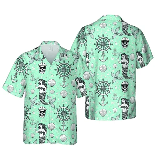 Hawaiian Pin-Up Mermaid Sailor Skull Nautical Anchor Scallop Wavy Line Teal Pattern Short-sleeve Hawaiian Shirt