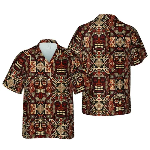 Polynesian Tiki Totem Masks Hawaiian Tribal Pattern Geometric Mosaic Background Short-sleeve Hawaiian Shirt