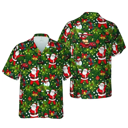 Hawaiian Christmas Santa Golf: Snowman, Ornaments, Golf Clubs, Tree Lights Pattern Short-sleeve Hawaiian Shirt