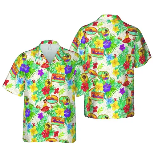 Hula Dancer Plumeria Hibiscus Postcard Motif Tropical Foliage Textured Background Short-sleeve Hawaiian Shirt