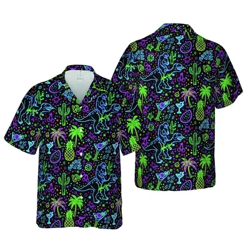 Neon T-Rex Bigfoot Palm Pineapple Pattern: Blue Green Purple Starry Fabric Print Short-sleeve Hawaiian Shirt