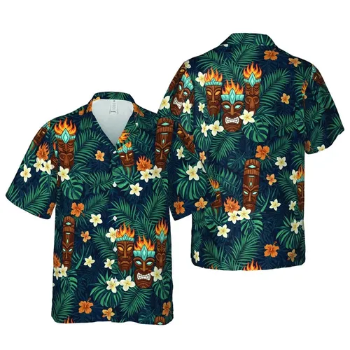 Hawaiian Tiki Mask Totem: Fiery Orange Flames, Blue Inlays, Dark Jungle Teal Foliage Short-sleeve Hawaiian Shirt