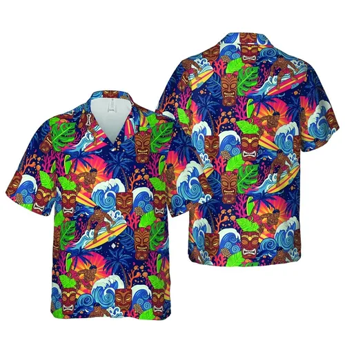 Hawaiian Surf Tiki Warriors Octopus Tropical Leaves Ocean Waves Golden Sunset Sky Short-sleeve Hawaiian Shirt