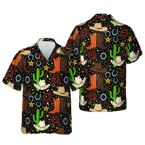Hawaiian Western Boots Cacti Hats Seamless Pattern Black Orange Green Yellow Silver Short-sleeve Hawaiian Shirt