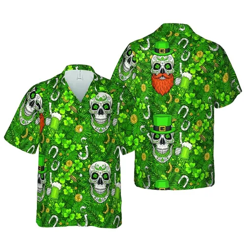 Skull Tropical Luck Pattern: Leprechaun Skulls, Gold Coins, Shamrock, Horseshoe Design Short-sleeve Hawaiian Shirt