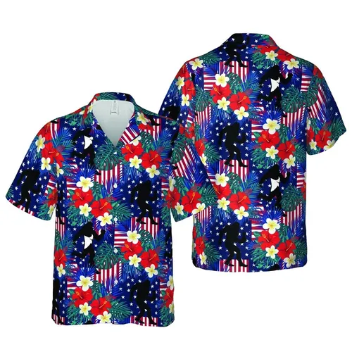 Bigfoot Hawaiian: Red Hibiscus, White Plumeria, Patriotic Flag Mosaic Design Short-sleeve Hawaiian Shirt